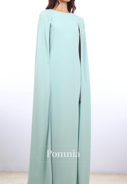 A-Line Scoop Cape Floor-Length Satin Evening Dress