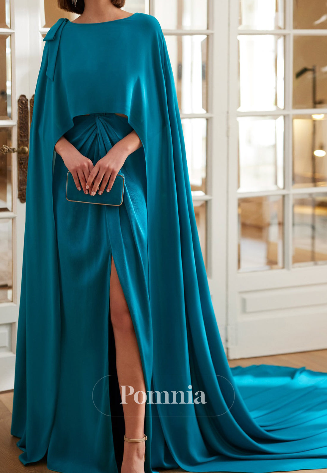 A-Line Scoop Cape Slit Ruched Floor-Length Mother of the Bride Dress