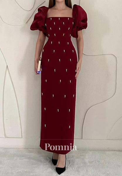 A-Line Short Sleeves Pearls Square Satin Evening Dress