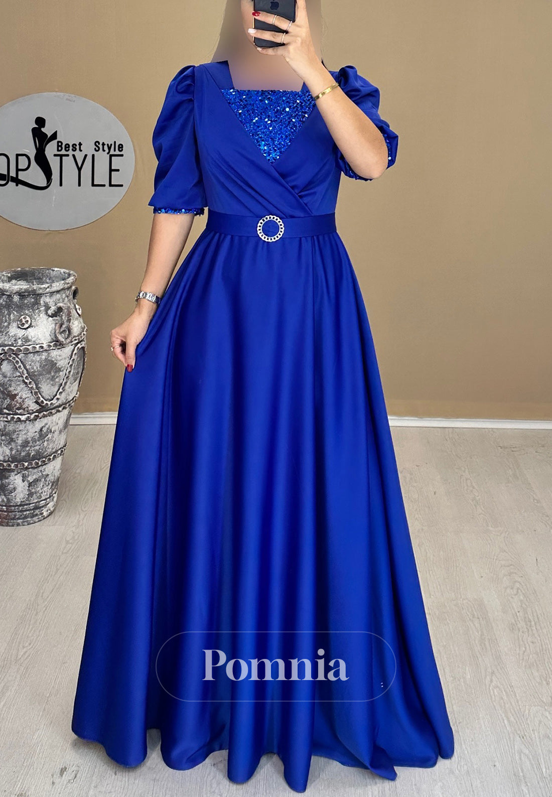 A-Line Short Sleeves Scoop Empire-Waist Evening Dress
