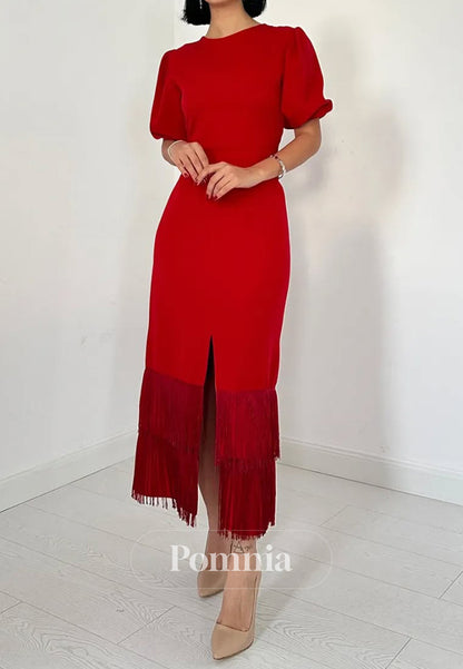 A-Line Short Sleeves Scoop Slit Semi-Formal Dress