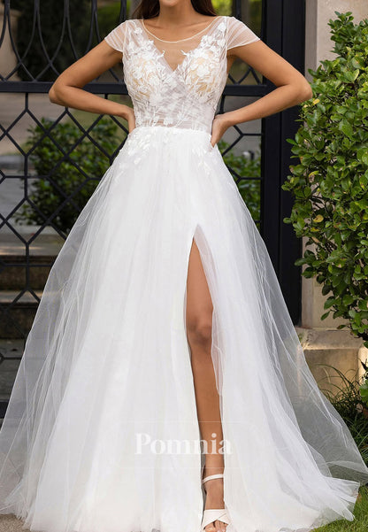 A-Line Short Sleeves V-Neck Floral Appliques Lace Wedding Dress