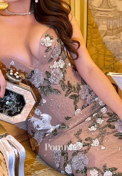 A-Line Sleeveless Strapless Floral Appliques Prom Dress