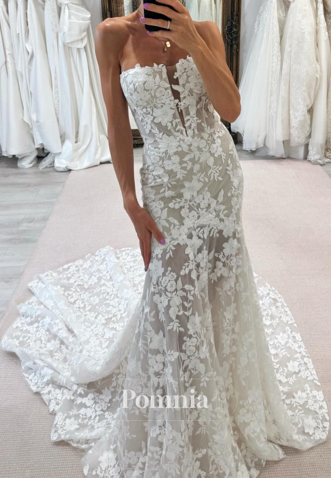 A-Line Sleeveless Strapless Floral Appliques Sweep Train Wedding Dress