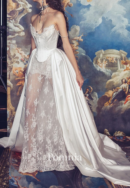 A-Line Sleeveless Strapless Lace-Up Back Detachable Train Wedding Dress