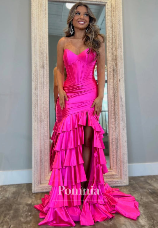 A-Line Sleeveless Strapless Prom Dress with Slit Ruffles Evening Party Dress
