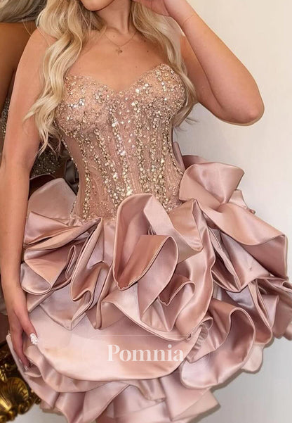 A-Line Sleeveless Strapless Ruffles Short Homecoming Dress