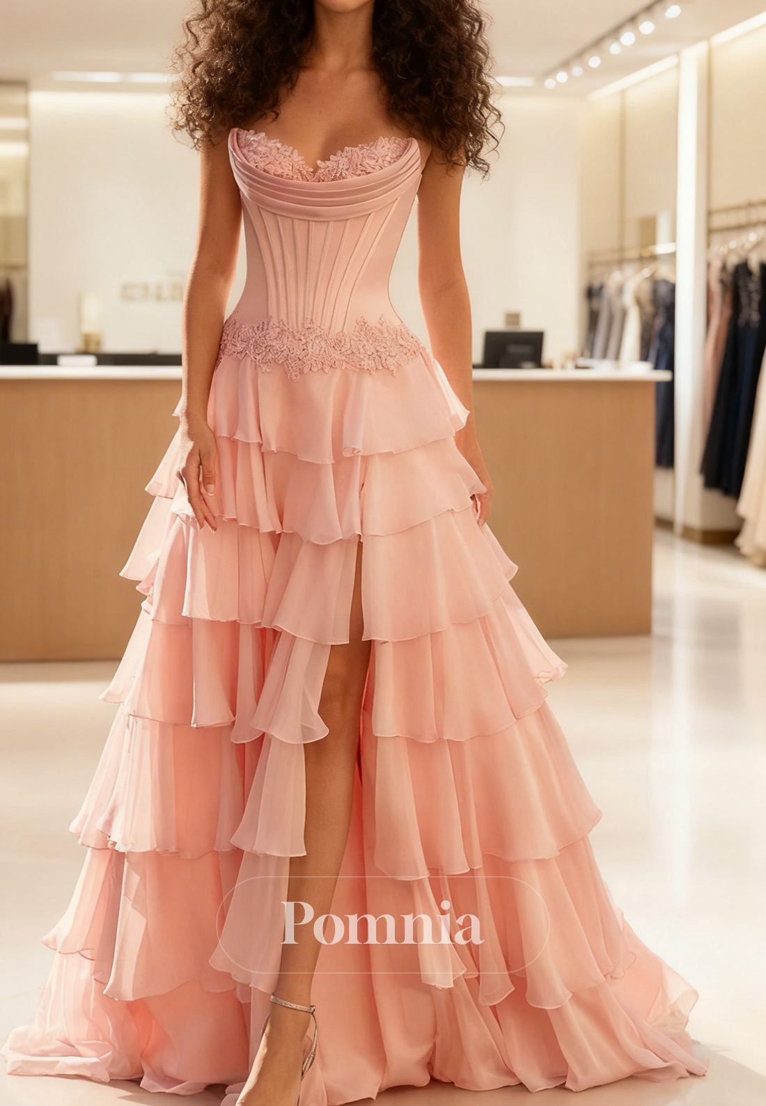 A-Line Sleeveless Strapless Ruffles Slit Prom Dress