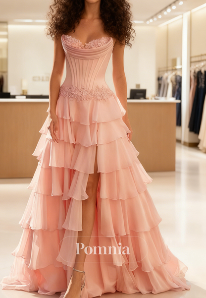 A-Line Sleeveless Strapless Ruffles Slit Prom Dress