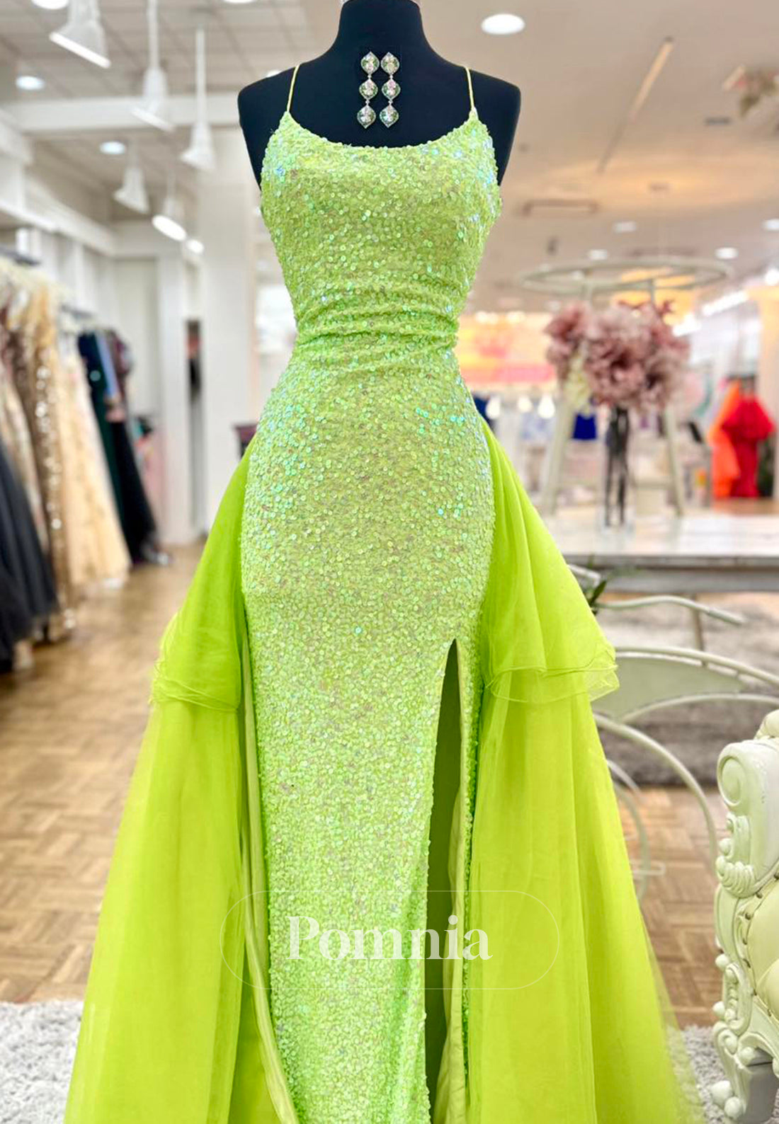 A-Line Spaghetti Straps Scoop Slit Sequins Prom Dress