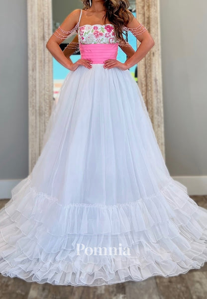 A-Line Spaghetti Straps Square Appliques Prom Dress