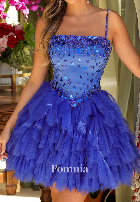 A-Line Spaghetti Straps Square Appliques Sequins Homecoming Dress