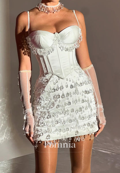 A-Line Spaghetti Straps Sweetheart Beads Short Wedding Dress