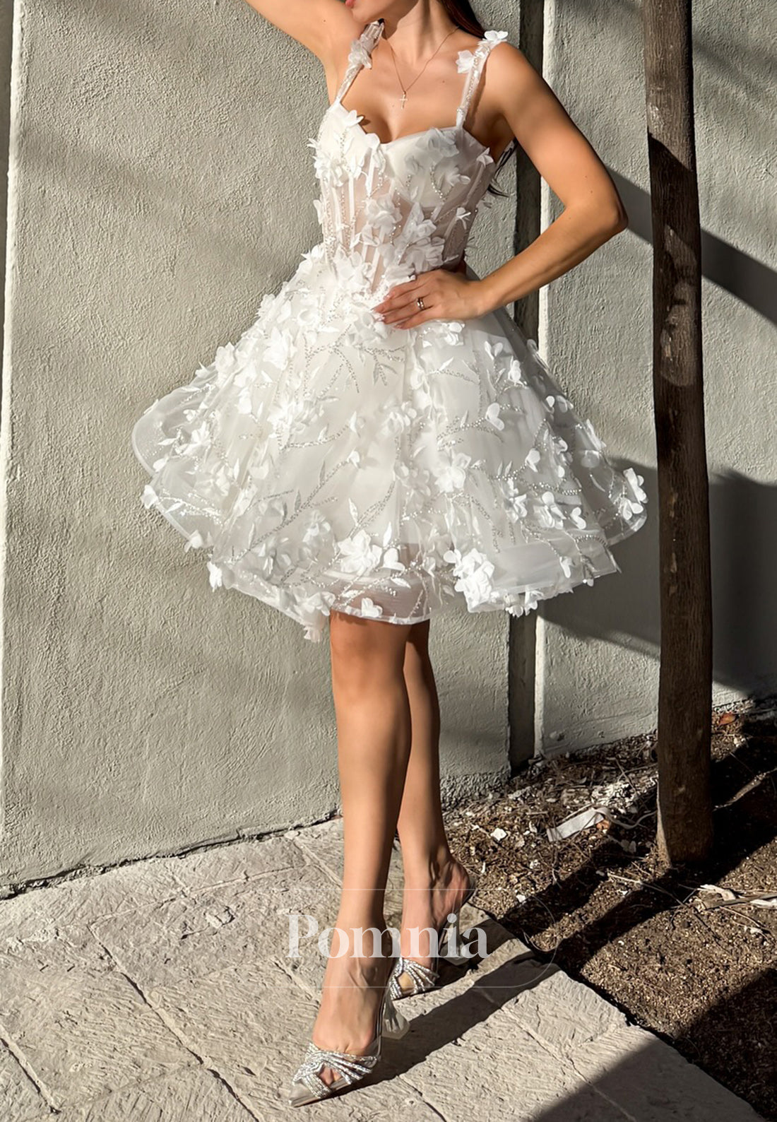 A-Line Spaghetti Straps Sweetheart Corset Tulle Short Wedding Dress