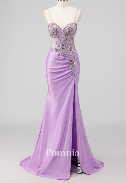 A-Line Spaghetti Straps Sweetheart Slit Corset Tulle Prom Dress