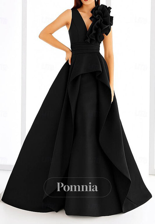 A-Line Spaghetti Straps V-Neck Floral Appliques Evening Dress