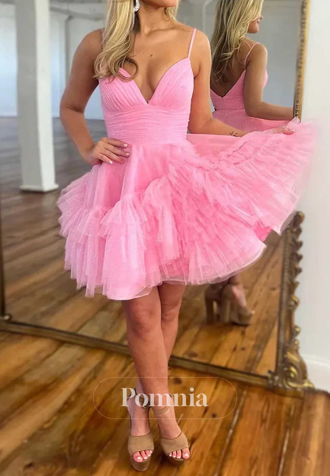 A-Line Spaghetti Straps V-Neck Ruffles Homecoming Dress