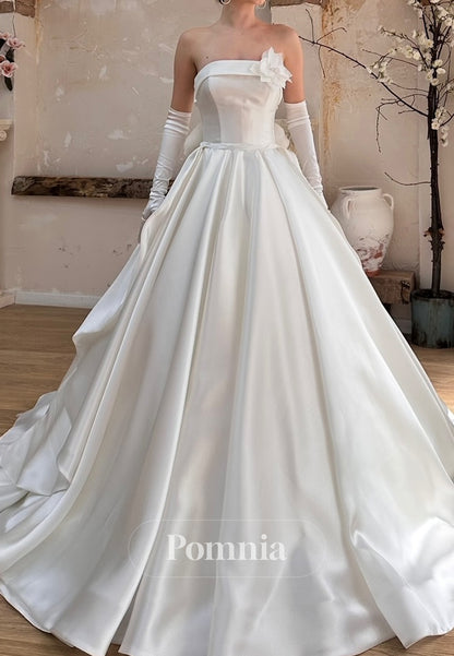 A-Line Strapless Sleeveelss Floral Appliques Corset Ruched Wedding Dress