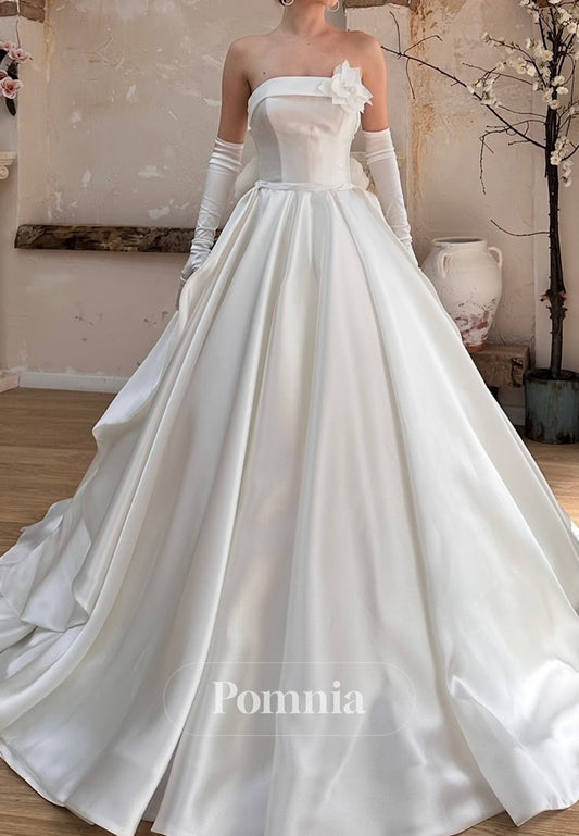 A-Line Strapless Sleeveelss Floral Appliques Corset Ruched Wedding Dress