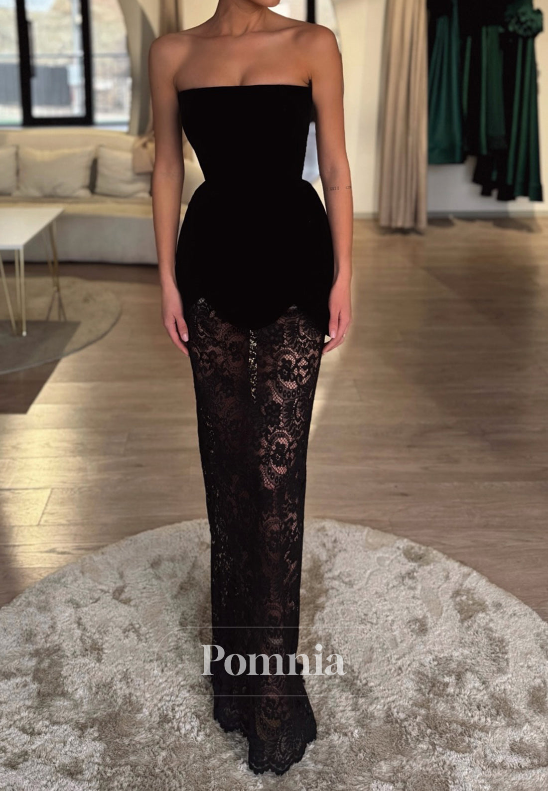 A-Line Strapless Sleeveless Empire-Waist Pearls Evening Dress