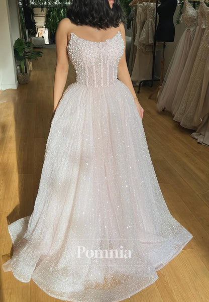 A-Line Strapless Sleeveless Pearls Empire-Waist Wedding Dress