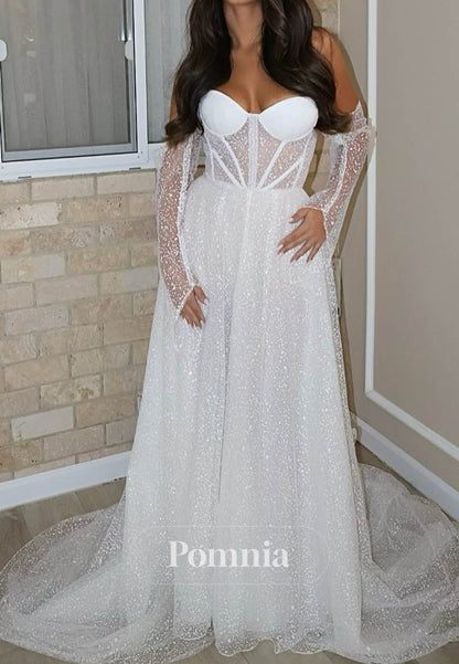 A-Line Sweetheart Long Sleeves Empire-Waist Lace Wedding Dress