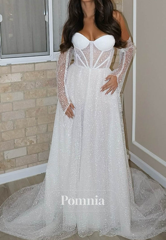 A-Line Sweetheart Long Sleeves Empire-Waist Lace Wedding Dress