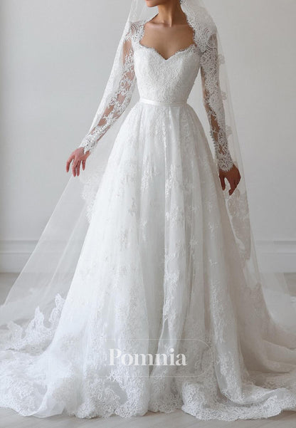 A-Line Sweetheart Long Sleeves Floral Appliques Lace Wedding Dress
