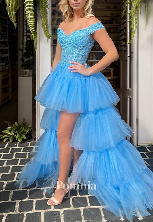 A-Line Princess Tulle Appliques Off-Shoulder Sleeveless Prom Dress