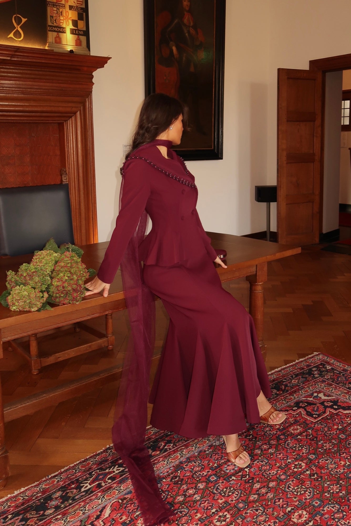 A-Line Suit Plum Satin Evening Dress