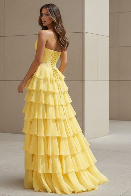 Strapless A-Line Ruffle Long Prom Dress With Split