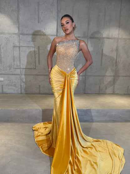 Golden Velvet Draped One Shoulder Ruched Evening Gown