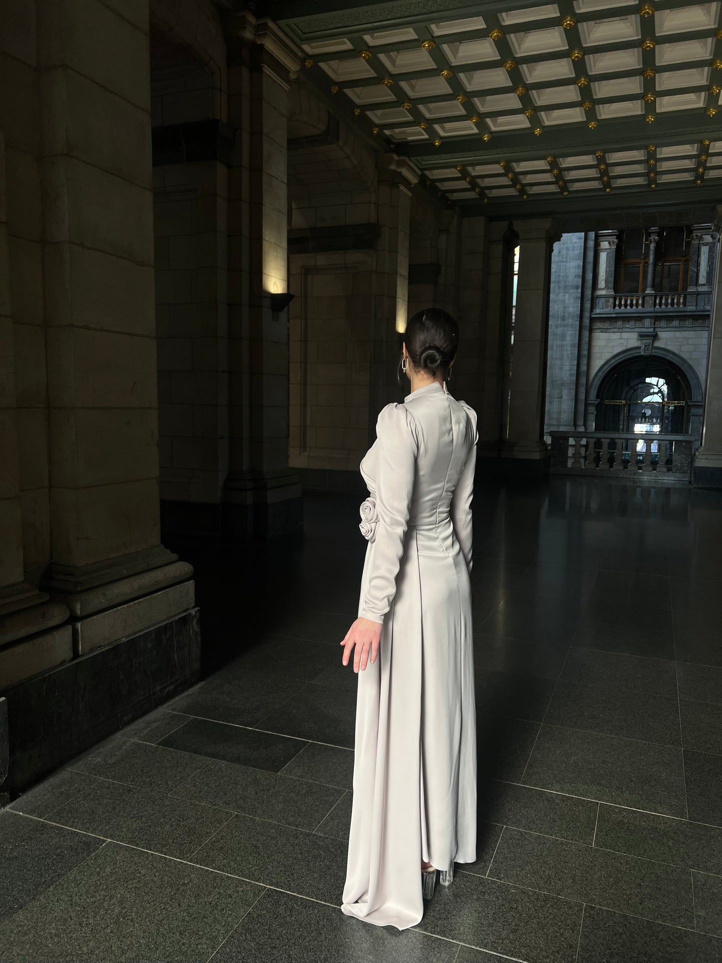 Beige Ankle Length Ruched Long Sleeves 3D Flower Evening Formal Dress