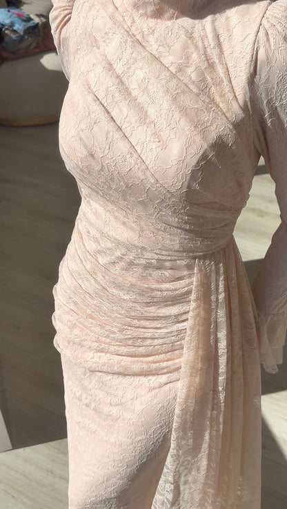 Pink Sheath Ruched Long Sleeves Lace Formal Evening Gown