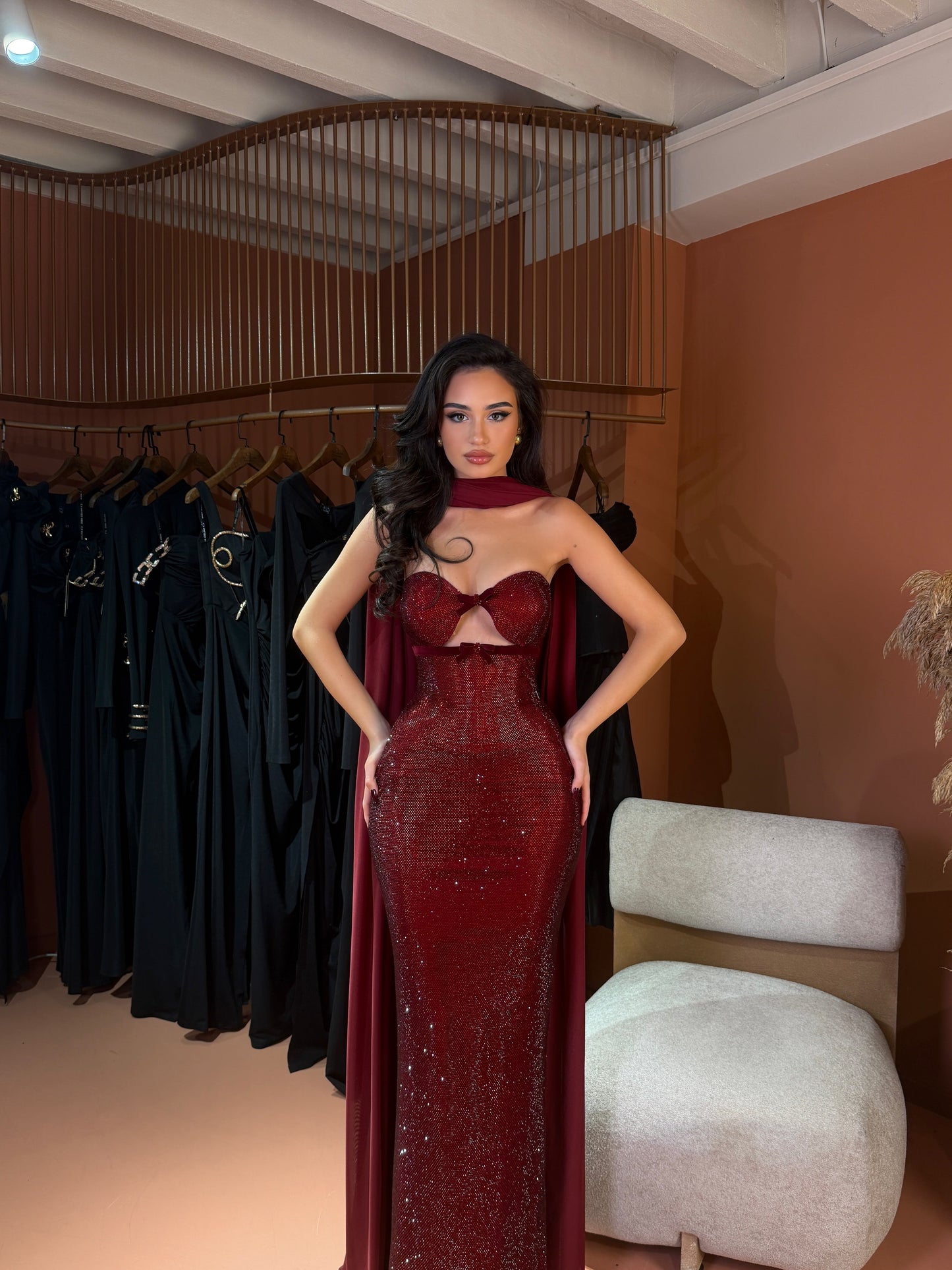 Crystal Cutout Gown with Cape