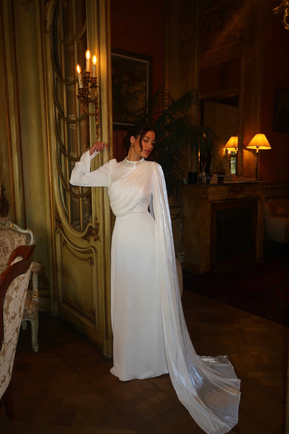White High Neck Beaded Long Sleeves Ruched Side Train Evening Dress