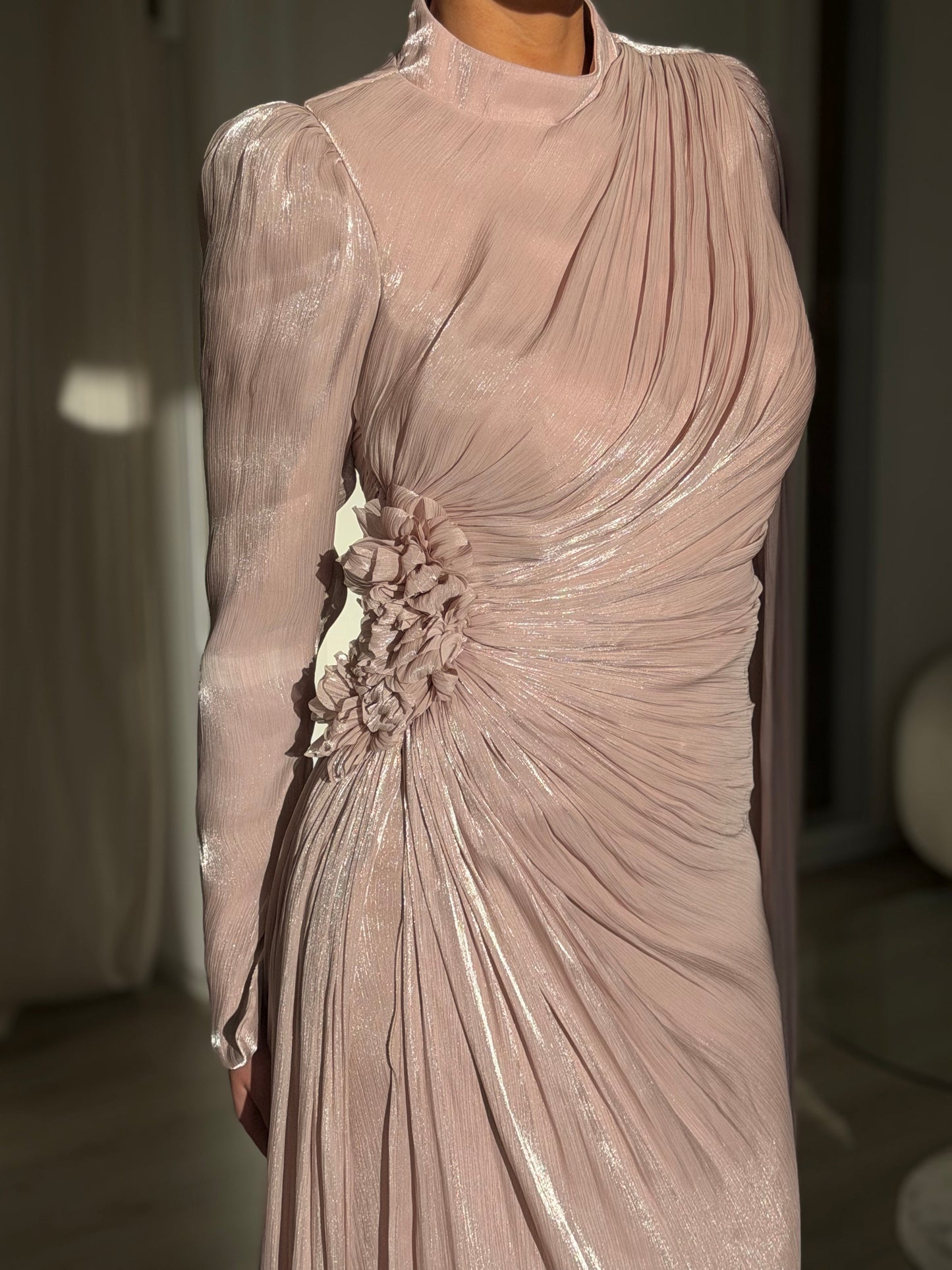 Blushing Pink Long Sleeves High Neck Ruched Evening Dress