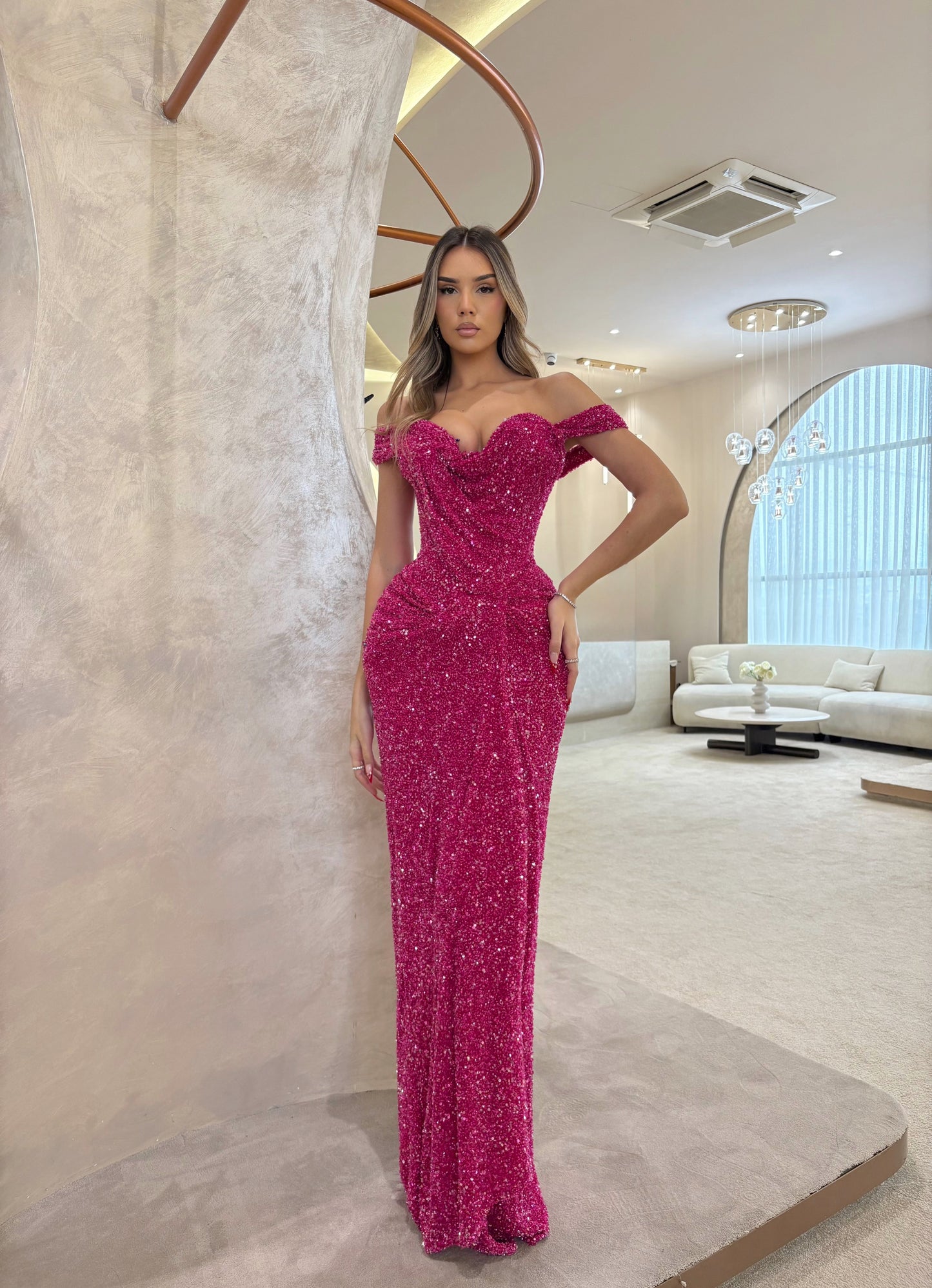 Fuchsia Off Shoulder Ruchd Floor Length Prom Dress