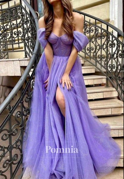 A Line Off the Shoulder Purple Long Prom Dress with Slit