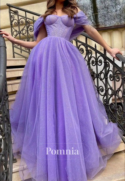 A Line Off the Shoulder Purple Long Prom Dress with Slit