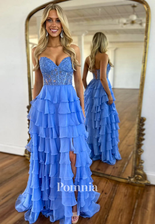 A-Line Sweetheart Pageant Dress  Long Ruffled Corset Tulle Evening Party Dress