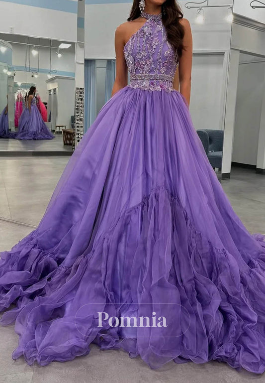 A-Line Tulle Beaded Prom Dresses Long Halter Neck Party Gowns