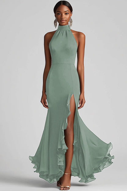 Halter Neck Black Ruffled Mermaid Long Formal Dress with Slit