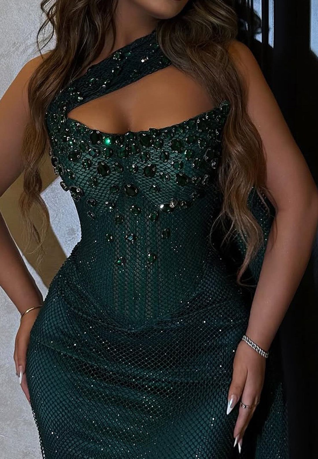 Asymmetrical-Neck Off-Shoulder Sleeveless Beaded Sparkly Mermaid Prom Dress with Slit