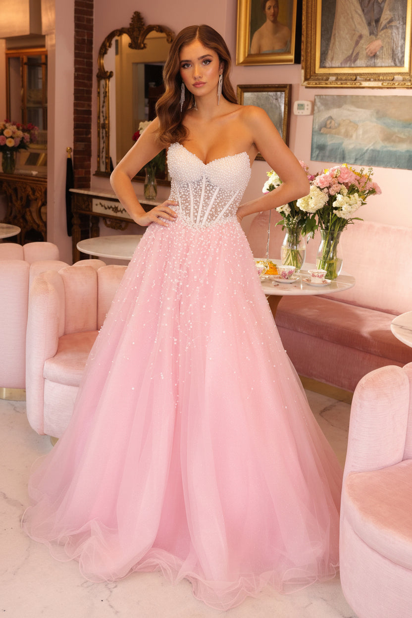 Strapless Sleeveless Beaded Pink Tulle Gown