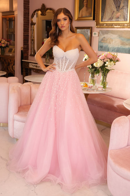 Strapless Sleeveless Beaded Pink Tulle Gown