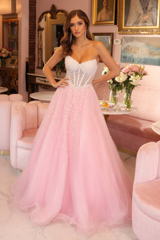 Strapless Sleeveless Beaded Pink Tulle Gown
