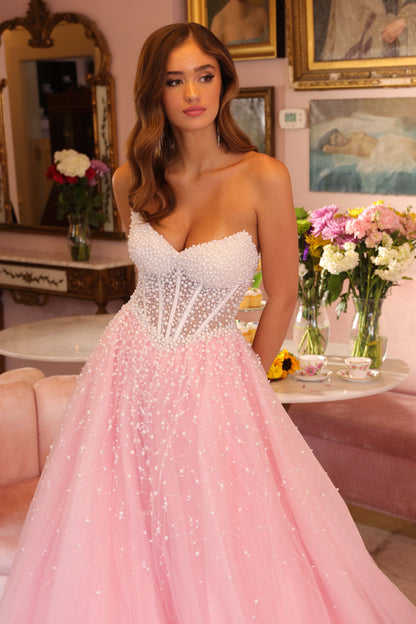 Strapless Sleeveless Beaded Pink Tulle Gown