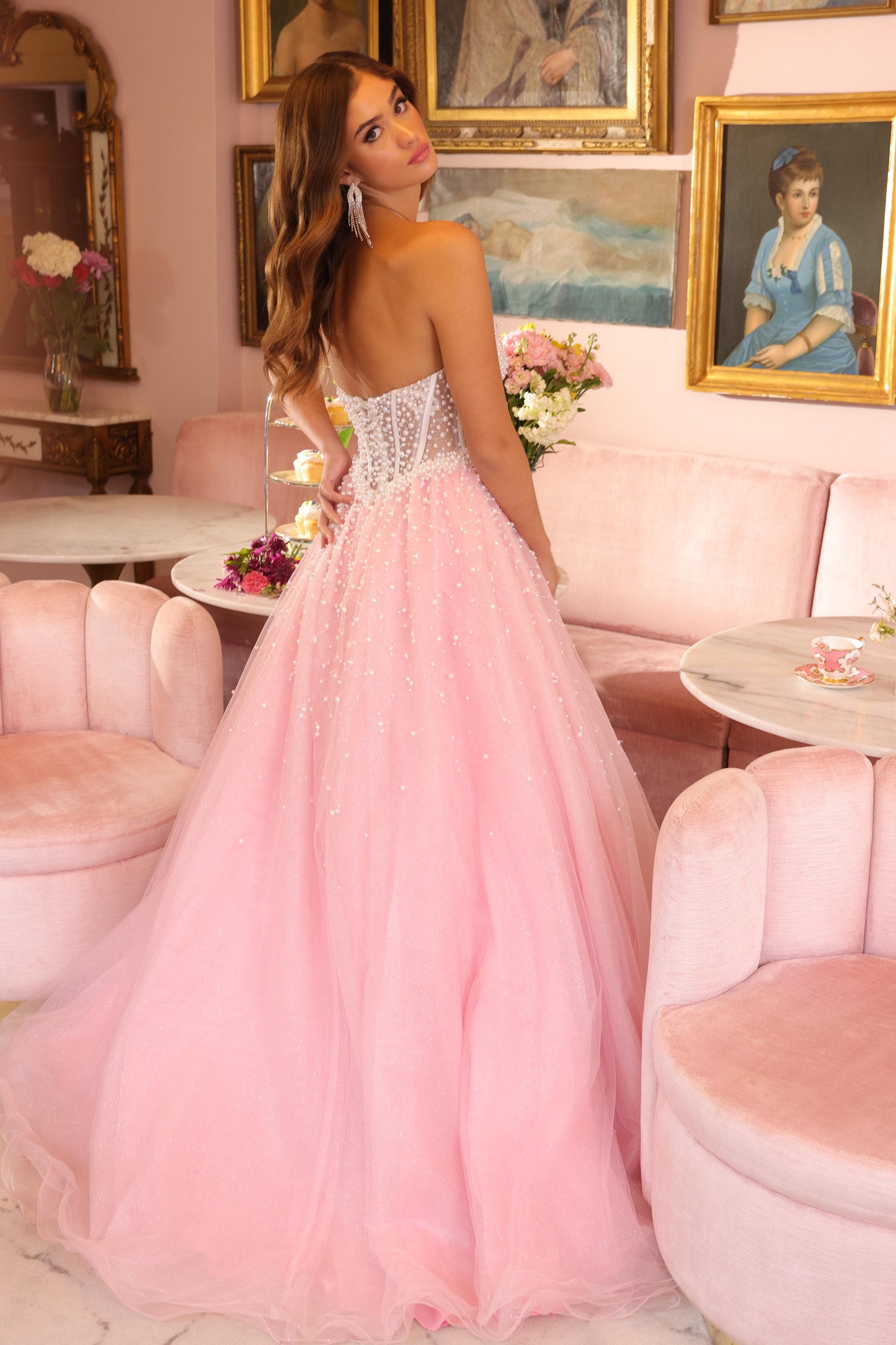 Strapless Sleeveless Beaded Pink Tulle Gown