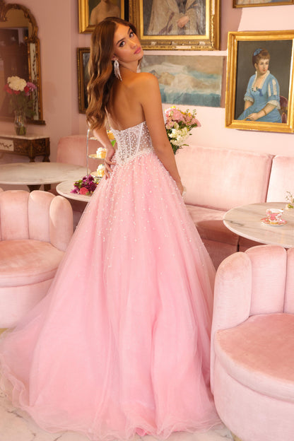 Strapless Sleeveless Beaded Pink Tulle Gown